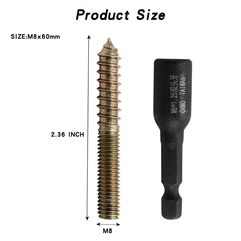 Hitefu 20 قطعة من براغي التعليق، براغي مزدوجة M8 بطول 2.36" (60 مم)، برغي دوال لمفروشات الخشب، مع سائق برغي التعليق (M8x1.25 مم) - Image 3